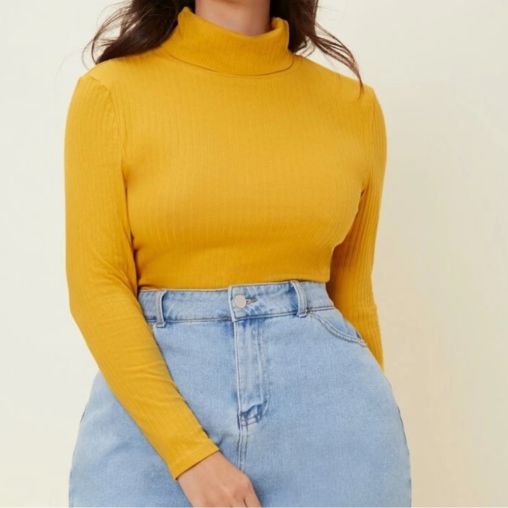 SHEIN BASICS Plus Ribbed Knit Turtleneck Tee Mustard Yellow 1X fits more like LG